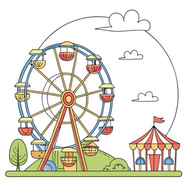 Mavi gökyüzü arka planındaki lunaparkın renkli dönme dolabı. - Evet. Yapay zeka üretildi. Vektör simgesi