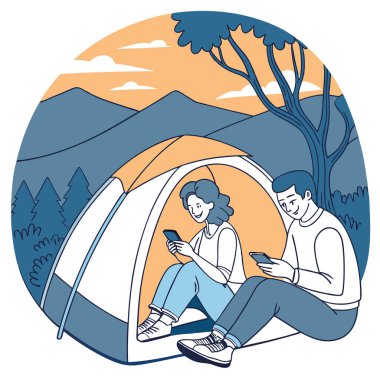 Mutlu çift kamplarının çatısında otururken cep telefonu kullanıyor. Yapay zeka üretildi. Vektör simgesi