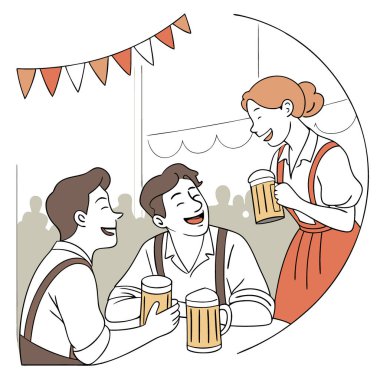 Oktoberfest. Bira bardakları masanın üstünde. İnsanlar bira içip eğleniyorlar. Yapay zeka üretildi. Vektör simgesi