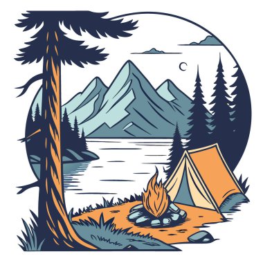 Arka planda dağlar olan bir gölün önünde kamp ateşi. Yapay zeka görüntüsü yapay zeka oluşturuldu. Vektör simgesi