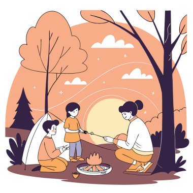 Güneş batarken bir aile, kamp alanlarında barbekü yemeği için bir araya geldi. Vektör simgesi