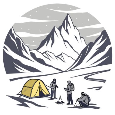 Himalayalar 'da buzulda kamp yapmak. Annapurna Koruma Alanı. Nepal 'de. - Evet. Yapay zeka üretildi. Vektör simgesi