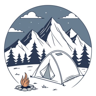 Karla kaplı dağ manzarasının önünde kamp çadırı ve kamp ateşi. Yapay zeka üretildi. Vektör simgesi