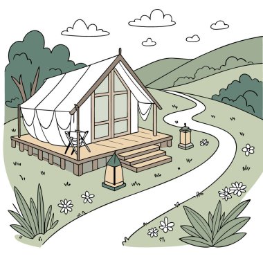 Glamping. Lüks, büyüleyici bir kamp. Güzel kırsal kesimde glamping. Yapay zeka üretildi. Vektör simgesi