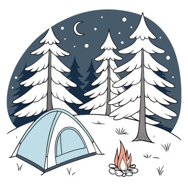 Karlı bir ormanda kamp ateşiyle kurulmuş bir çadır. Kış kampı sahnesi yapay zeka tarafından oluşturuldu. Vektör simgesi