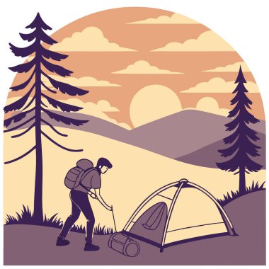 Güneş batarken, uzak bir vahşi doğada çadır kuran bir sırt çantalı. Yapay zeka üretildi. Vektör simgesi