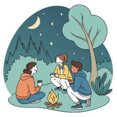 Dostluğun Sıcaklığı Parıltısı. İnsanlar Çatırdayan Kamp Ateşi etrafında toplanıyor. Yapay zeka üretildi. Vektör simgesi