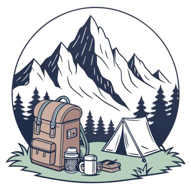 Sırt çantası ve kamp malzemeleri dağ manzarasının arka planında. Yapay zeka üretildi. Vektör simgesi