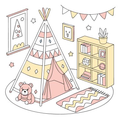 Çadır çadırlı açık renkli çocuk odasının güzel bir iç mekanı. .. yapay zeka üretildi. Vektör simgesi