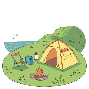 Deniz manzaralı yeşil çimlerde kamp çadırı ve kamp malzemeleri. Yapay zeka üretildi. Vektör simgesi