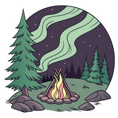 Yıldızlı Kuzey Işıkları altında rahatlatıcı bir kamp ateşi gösteren birleşik fotoğraf. Yapay zeka üretildi. Vektör simgesi