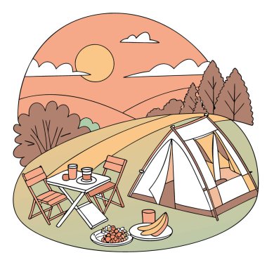 Gün batımında akşam yemeği. Masanın üzerinde Al 'in ürettiği yiyeceklerle dolu parlak bir gökyüzü. Vektör simgesi