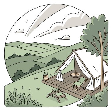 Güzel kırsalda cam cambazlığı. Lüks glamping. Göz kamaştırıcı bir kamp, yapay zekanın ürünü. Vektör simgesi