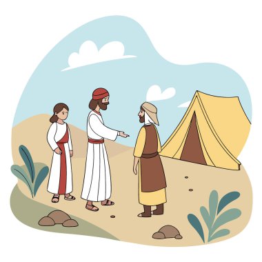 Eski Ahit. İbrahim, meleklerle buluşup çadırın yanında toplandı. Yapay zeka üretildi. Vektör simgesi