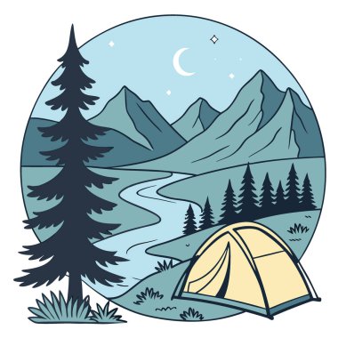 Dağlar ve nehirler göl kampına, güzel bir gecede şenlik ateşiyle birlikte. Yapay zeka üretildi. Vektör simgesi
