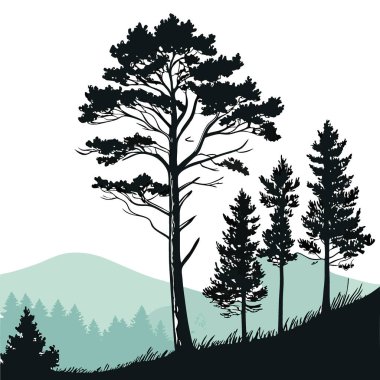 Sönük renklerle suluboya arka planda siyah çam ağaçlarının olduğu sıra. Yapay zeka üretildi. Vektör simgesi