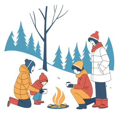 Kış ailesi, donmuş göl kenarında şenlik ateşi yakıyor. Karlı bir haftasonu gezisi. Yapay zeka üretildi. Vektör simgesi