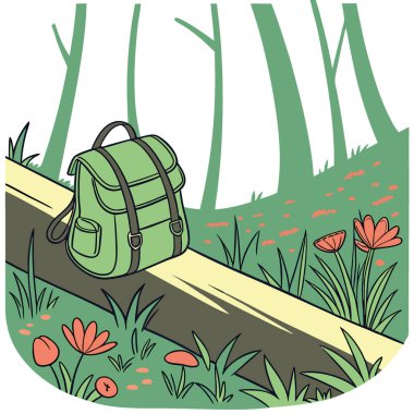 Siyah kayışlı yeşil bir sırt çantası büyülü bir ormandaki yosunlu bir kütüğün üzerinde duruyor. Yapay zeka üretildi. Vektör simgesi