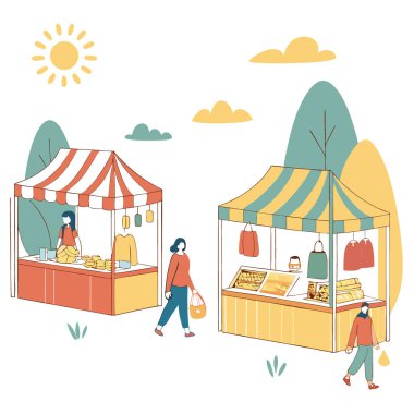 Renkli çadırları ve satılık çeşitli ürünleri olan bir açık hava bit pazarı. Vektör simgesi