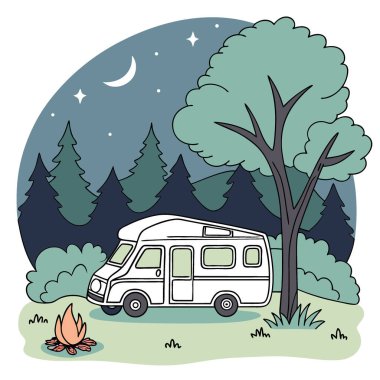 Kamp minibüsü çok güzel bir doğal ortamda park edilmiş. Kamp ateşi gökyüzü açık. Yapay zeka üretildi. Vektör simgesi
