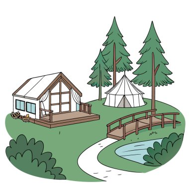 Cennete kaç. Glamping Wonderland 'deki lüks kucağı keşfedin! Yapay zeka üretildi. Vektör simgesi