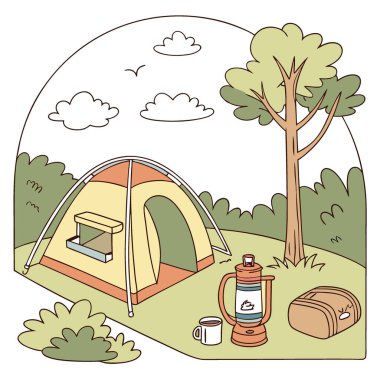 Açık havada. Kamp görüntüsü malzemesi. Kamp alanı görüntüsü. Yapay zekanın ürettiği tüm kapak aletleri. Vektör simgesi