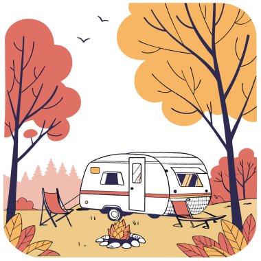 Serene Autumn karavan kampı. Rahat bir karavan. Kamp ateşi. Yapay zekanın ürettiği Vibrant Fall Fliage. Vektör simgesi
