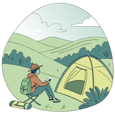 Bir gezgin kamp çadırının önünde dramatik doğal manzarayla dinleniyor. - Evet. Yapay zeka üretildi. Vektör simgesi