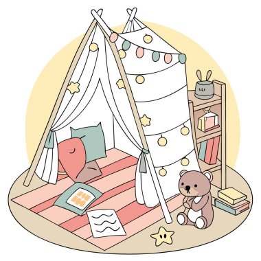 Peri Işıkları ve Pofuduk Oyuncaklarla Sıcak Saklı Büyülü Yastık Kalesi Macerası. Yapay zeka üretildi. Vektör simgesi