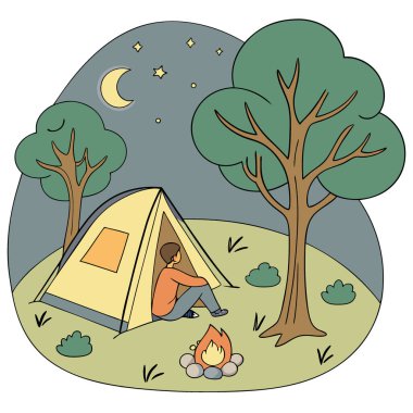 Çadırda, uyku tulumuyla kamp yapan ve dışarıda yangın çıkaran mankenler. Yapay zeka üretildi. Vektör simgesi