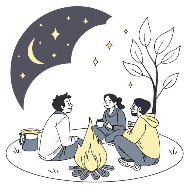 Gece kamp ateşinin etrafındaki insanlar yıldızlı gökyüzünün arka planına karşı. Yapay zeka üretildi. Vektör simgesi