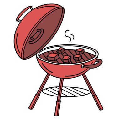 Portatif kırmızı mangal ızgarası şeffaf arka planda açık kapağı var. Yapay zeka üretildi. Vektör simgesi