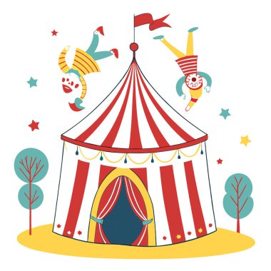 Akrobatların ve palyaçoların büyük çadırın altında gösteri yaptığı kaprisli bir sirk çadırı. Yapay zeka üretildi. Vektör simgesi