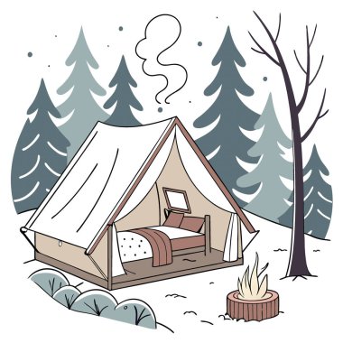 Kış ormanında büyük bir yatağı ve şöminesi olan konforlu glamping çadırı yapay zeka üretti. Vektör simgesi