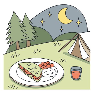 Sabahın erken saatlerinde dışarıda omlet pilavı. Kamp yapmak için kullanılan masanın üzerinde. Yapay zeka üretildi. Vektör simgesi