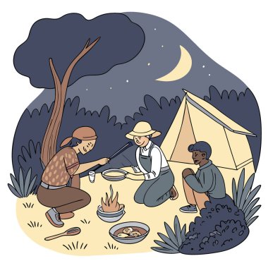 Vahşi Kamp 'ta Kamp Ateşi' nde Yemek Hazırlamak. Açık havanın tadını çıkarmanın bir yolu. Yapay zeka üretildi. Vektör simgesi