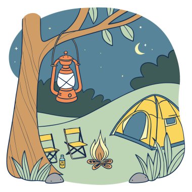 Güneş enerjili feneri olan bir kamp alanı. Bir çadır. Ve çevre dostu kamp malzemeleri. Yapay zeka üretildi. Vektör simgesi