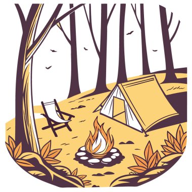 Sandalyelerin yanında odun yakan ve ormanda kamp çadırları olan güzel bir şenlik ateşi. Yapay zeka üretildi. Vektör simgesi