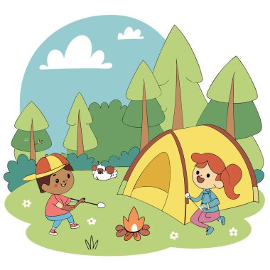 Çizgi film çocukları kamp ateşi ve lokumlarla yaz kampında eğleniyorlar. Yapay zeka üretildi. Vektör simgesi