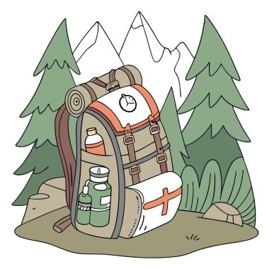 Sırt çantasında yürüyüş. Dağ ve orman faaliyeti kampı için ekipman. Yapay zeka üretildi. Vektör simgesi