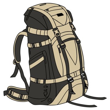 Beyaz Arkaplanda Büyük Siyah ve Tan Yürüyüş Sırt Çantası Maceraya Hazırlandı. Yapay zeka üretildi. Vektör simgesi