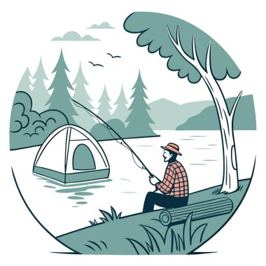 Huzurlu gölde balık tutan adam. Doğayla iç içe. Arka planda rahat bir çadır var. Yapay zeka üretildi. Vektör simgesi