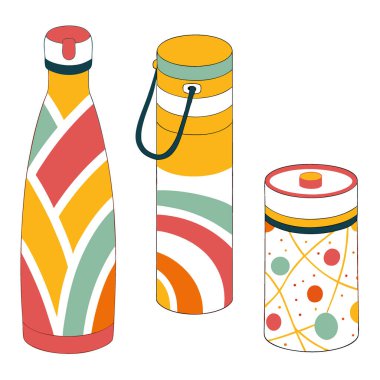 Çok renkli termal şişeler. Bej arka planda yapay zekanın ürettiği renkli termoslar. Vektör simgesi