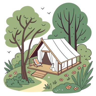 Huzurlu bir bahar ormanında yuva yapmış bir çadır. Huzurlu bir kaçış öneriyor. - Evet. Yapay zeka üretildi. Vektör simgesi