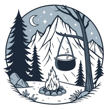 Dağlarda kamp ateşinde yemek pişirmek. Kamp sezonu. Kamp ateşinde bir kazan. Yapay zeka üretildi. Vektör simgesi