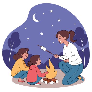 Ailesi alacakaranlıkta yanan bir ateş çukurunda şekerleme kızartıyordu. Yapay zeka üretildi. Vektör simgesi