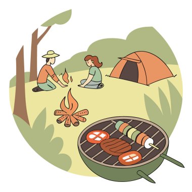 Yaz barbekü kampında ızgara et ve şiş kebap. Al 'in ürettiği BBQ kampı yemeği. Vektör simgesi