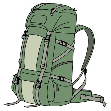 Şeffaf bir arka planda kayışları ve cepleri olan büyük yeşil bir yürüyüş çantası. Yapay zeka üretildi. Vektör simgesi