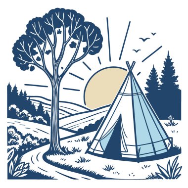 Kapı çadırı manzaralı gözcü sabahları kamp yapıyor. Glamping kamp çadırı. Yapay zeka üretildi. Vektör simgesi