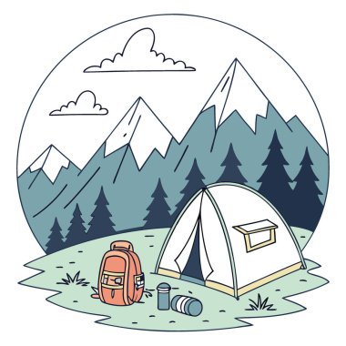 Dağlarda kamp yapmak. Dağların arkasında kamp yapmak yapay zekanın ürettiği bir şey. Vektör simgesi